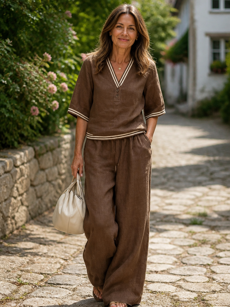 Ariana - Linen V-neck striped casual top with straight pants two-piece set