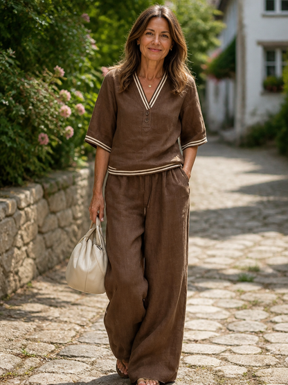 Ariana - Linen V-neck striped casual top with straight pants two-piece set